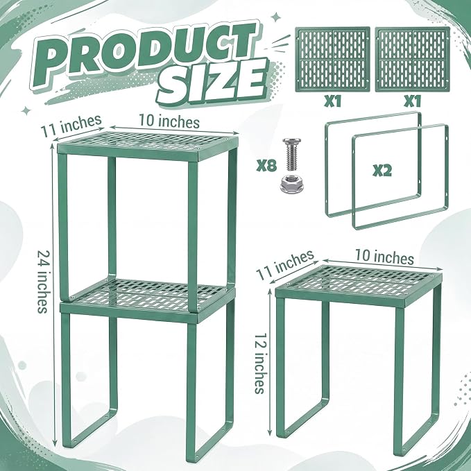 Colarr 2 Pcs Locker Organizer Shelf Stackable 2-Tier Shelves Fits Standard Size School Lockers Heavy Duty Metal Locker Shelf for School Office Gym Lockers Home Storage 11x 10 x 12 Inch(Grayish Green)