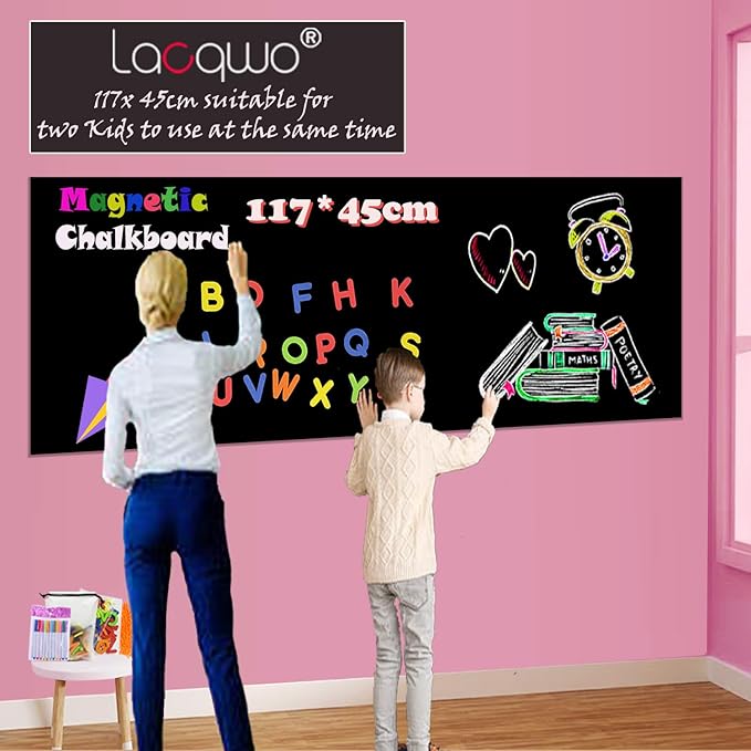 Magnetic Chalkboard Contact Paper for Wall 46.3"x18" Self Adhesive Magnetic Wall Board Sticker with 36 Magnet Letters for Office Home Black Chalk Board Wallpaper Roll