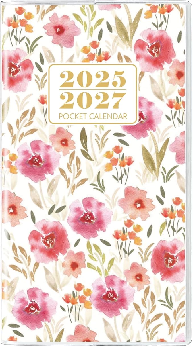Pocket Calendar 2025-2027, Floral Pocket Calendar -3.7" x 6.7" - Runs from July 2025 until December 2027, Calendar Planner for Purse with PVC Cover for Planning, Organizing and Office