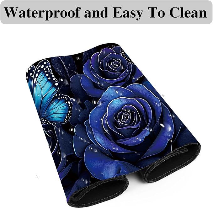 Mouse Pad Gaming Mousepad 31.5x11.8 Inch XXL Large + Coasters,Desk Mat with Stitched Edges, Non-Slip Rubber Base, Thick Mouse Pad for Computer, Laptop, Office & Home - Blue Rose Butterfly