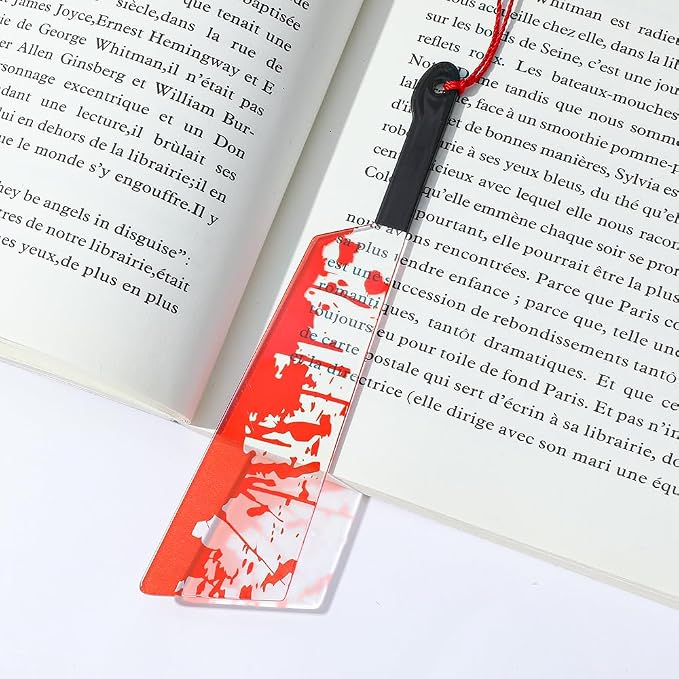Horror Novelty Bookmark Set - Creepy Tool Shapes with Blood Stain Design, Gothic Book Accessories for Halloween Gifts, Macabre Metal Page Holders with Red Tassels (1pc Large Knives)