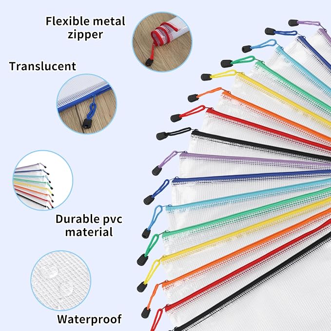 EOOUT 40pcs A4 Zipper Pouch Bags, Mesh Pouch Bags with Labels for Board Games & Puzzles Supplies, Waterproof Document Zipper Cases for School Toys Office Cosmetics Travel Storage,8 Colors