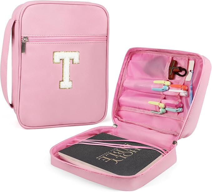 Bible Covers for Girls, Fruobeyla Pink Bible Cases for Woman PU Leather Bibles Carrying Case for Women, Large Bibles Tote Bags with Handle and Zippered Pocket for Kids, Pink (Letter T)