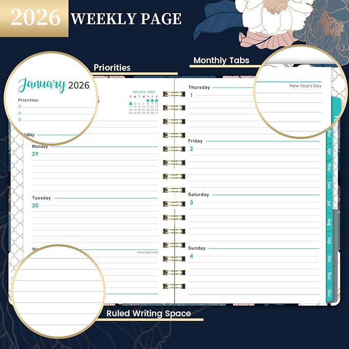 2026 Planner - Jan. 2026 - Dec. 2026, 2026 Planner Weekly and Monthly with Tabs, 6.3" x 8.4", Planner 2026, Hardcover with Back Pocket + Thick Paper + Twin-Wire Binding, Perfect Daily Organizer