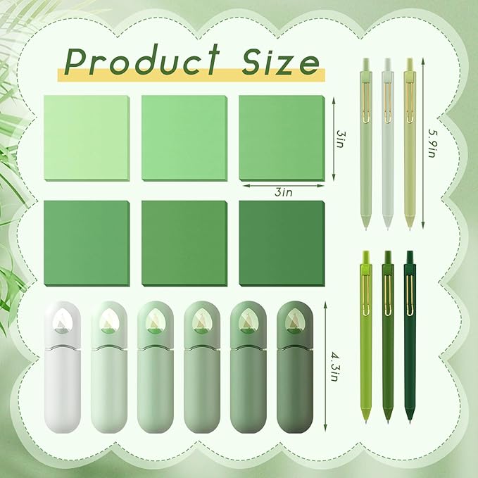 Sayglossy 18 Pcs Aesthetic School Supplies Christmas Green Gifts Set for Women Self Sticky Notes Black Ink Ballpoint Pens Correction Tape for Office Stationery Holiday Cute Desk Accessories