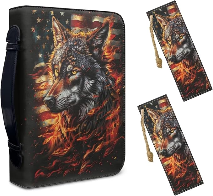 Lotusorchid American Flag Wolf Leather Bible Cover for Women, Large Bible Carrying Case with 2 Book Marks, Waterproof Bible Cover Case for Women, Red and Black, Size XL