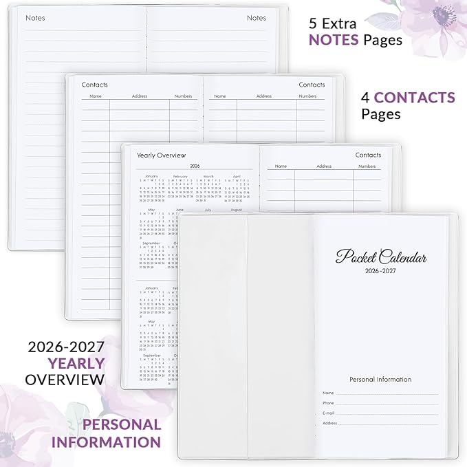 Pocket Calendar 2026-2027, Monthly Purse Planner - 6.7" x 3.7" - Runs from January 2026 Until December 2027, Floral Pocket Calendar with PVC Cover for Planning, Organizing and Office
