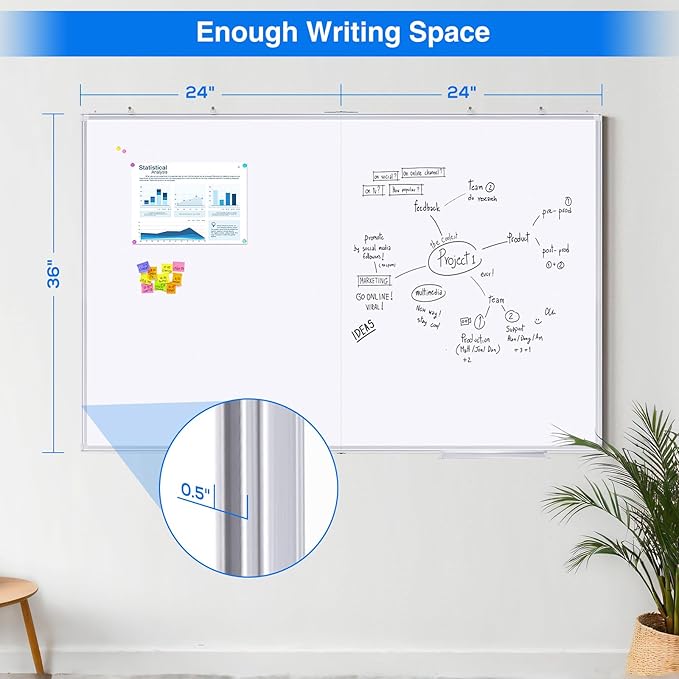 Magnetic White Board Dry Erase Board for Wall，48" x 46" (4ft x 3ft) Wall-Mounted Aluminum Frame Marker Board, Foldable Portable Whiteboard with a Long Pen Tray for School, Classroom, Office & Home