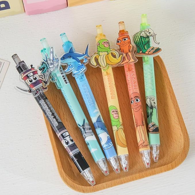 Italian Brainrot Erasable Pens, Cute Animal Ball Point Pens 0.5mm Blue Party Favors for Kids, Back to School Supplies Fun Stationary Pen Gifts for Birthday (6 Brainrot)