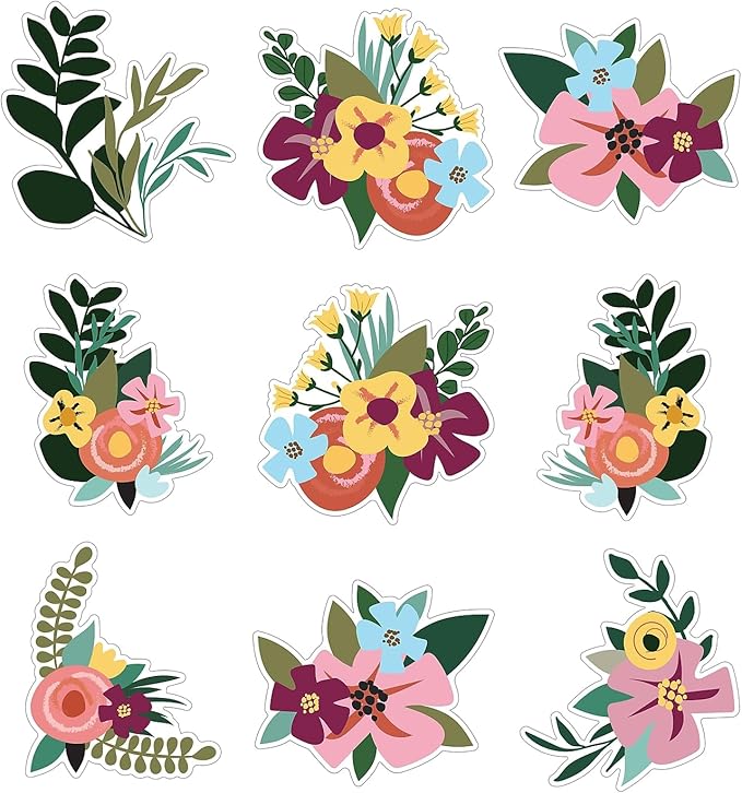 Carson Dellosa Grow Together 12-Piece Large Eucalyptus and Colorful Flower Cutouts, Garden Decor for Bulletin Board, Classroom, and Spring Decorations
