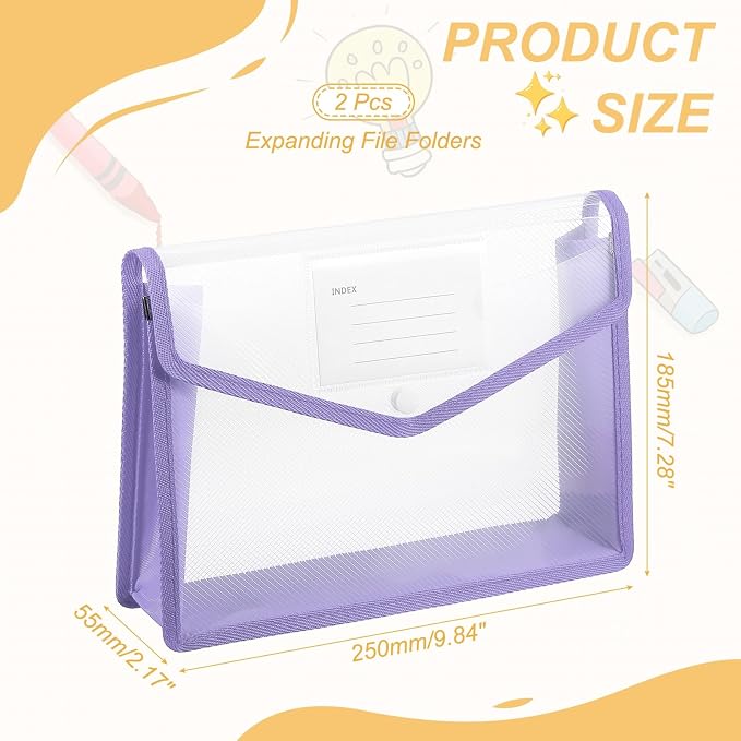 PATIKIL Plastic Expanding File Folders, 2 Pack B5 File Folder Envelopes Letter Size Document Organizer Supplies with Snap Closure for Classroom Office, Purple, Horizontal