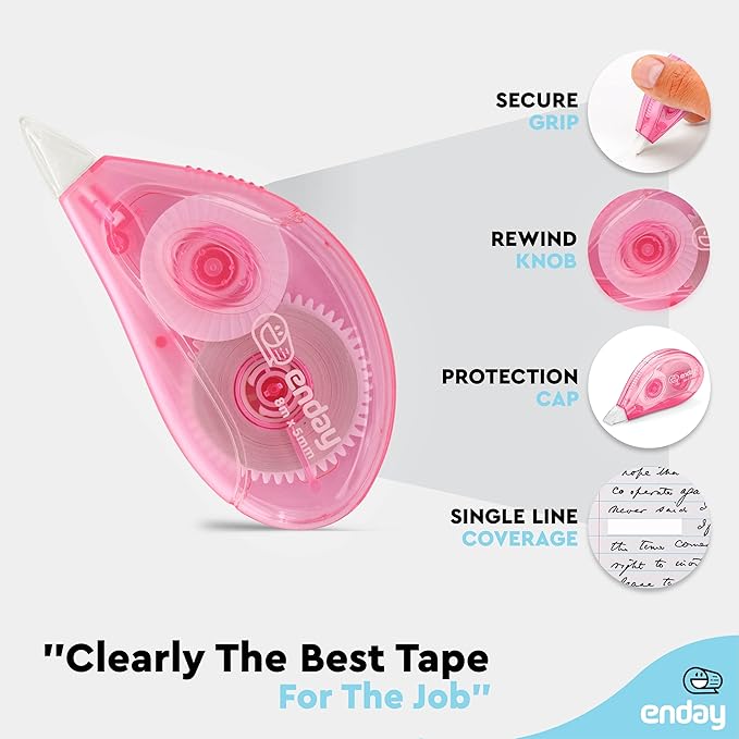 Enday White Out Correction Tape, Pink Dispenser White Out Tape, Easy to Use Applicator for Instant Corrections, Whiteout Suitable for Students, Teachers, and Office Workers