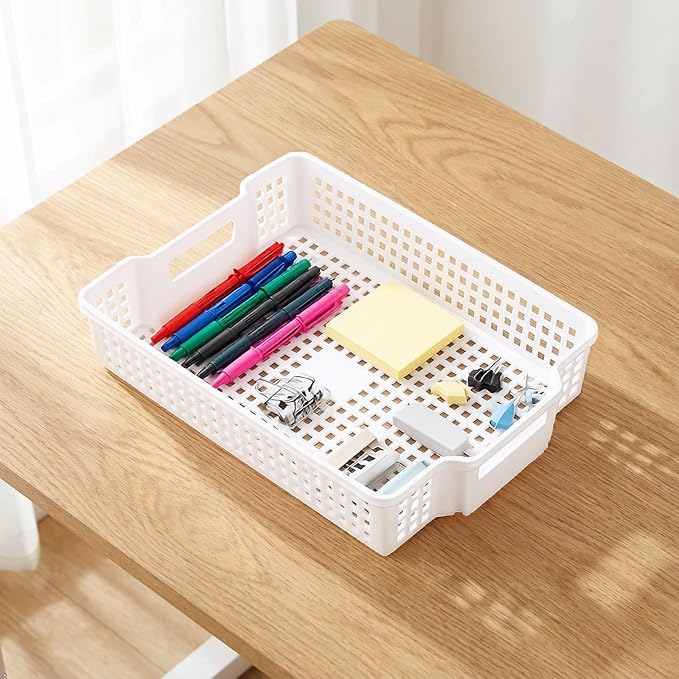 6-Pack Stacking Plastic Paper Basket trays, Stackable Paper Baskets for Classroom, White