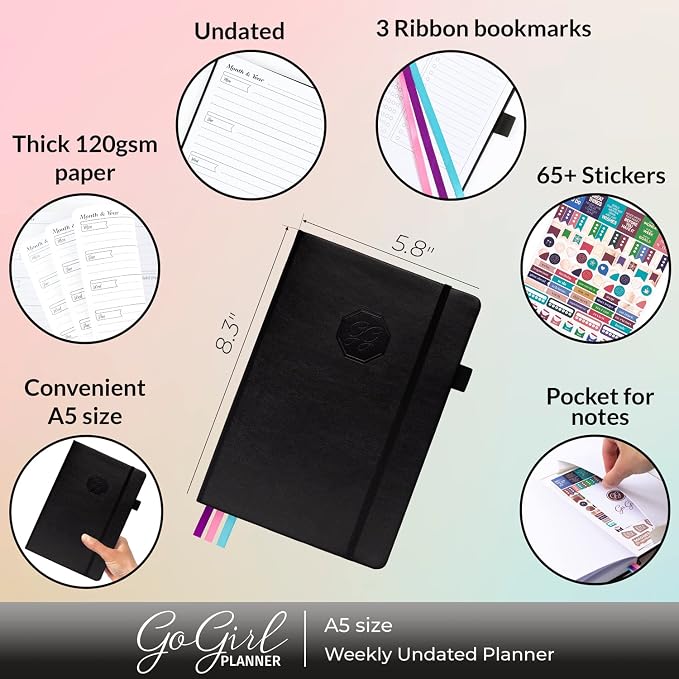 GoGirl Planner and Organizer for Women – A5 Size Weekly Planner, Goals Journal & Agenda to Improve Time Management, Productivity & Live Happier. Undated – Start Anytime, Lasts 1 Year – Black