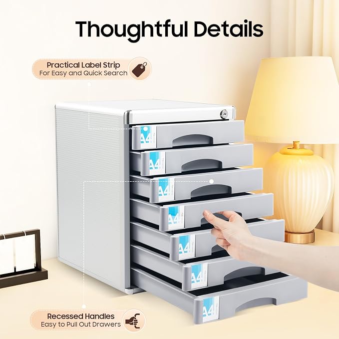 Desk Organizer with 7 Drawers, Documents Organizer with Lock, Office Supplies Desktop Filing Cabinet, A4 File Storage Holder, Stackable Storage Box for Jewelry/Bill/Paper/Documents