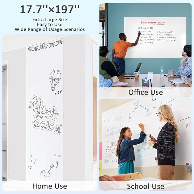 White Board Paper with 2 Markers, Dry Erase Contact Paper, Peel and Stick Whiteboard Sticker, Self-Adhesive White Board Roll Wallpaper for Office Work/Home/Drawing (17.7"×196.9")