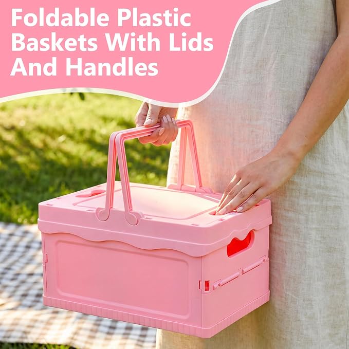 2 Pcs Pastel Plastic Collapsible Storage Crates with Lids and Handle Collapsible Picnic Basket Stackable Storage Bins Cute Foldable Container for Home Kitchen Office Bathroom(Pink)