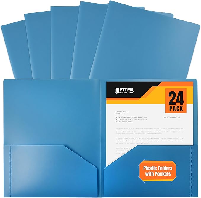 Better Office Products Heavyweight Light Blue Plastic 2 Pocket Portfolio Folder, 24 Pack, Letter Size Poly Folders, 24 Pack, Light Blue