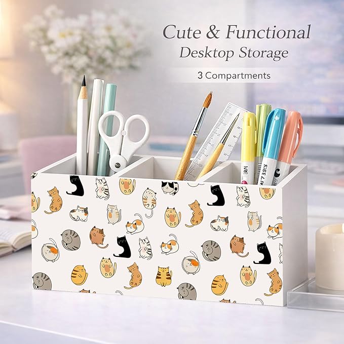 Cartoon Cat Pattern Wooden Desk Organizer | Cute Cat Pen Pencil Holder, 3-Compartment Decorative Office Supply Storage Box for Desk, Home Office, Cat Lover Decor