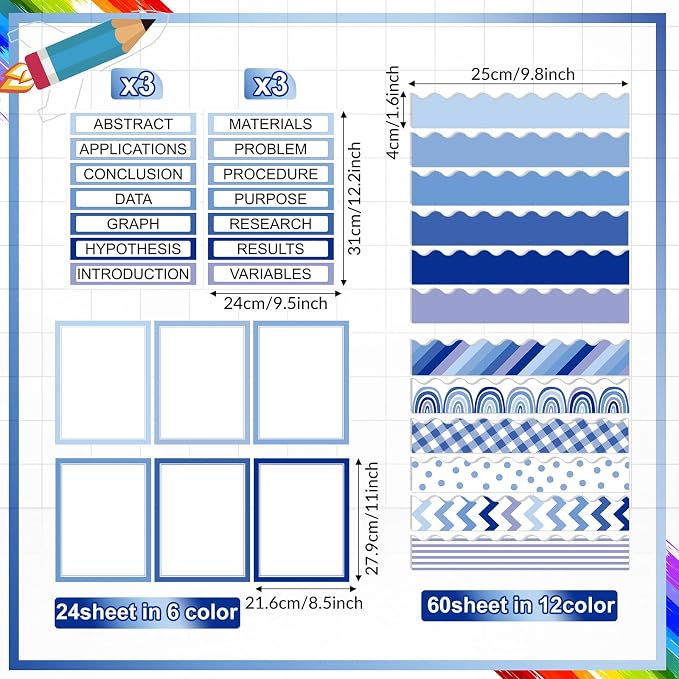 Fuyoooo 90 Pcs Science Fair Board Supplies 60 Trim Scalloped Bulletin Board Borders 24 Presentation Board Subtitles 6 Science Fair Titles for Classroom Display Boards (Blue Boho)