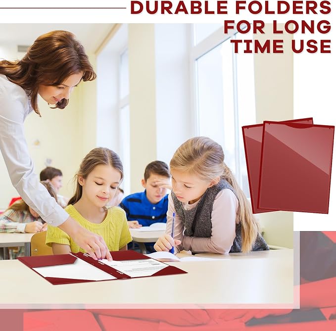 Henoyso 36 Pcs Plastic Folder with Clear Front Pocket and 3 Prong Plastic Folders with Card Slot Pocket Folders with Prongs for School Office (Burgundy)