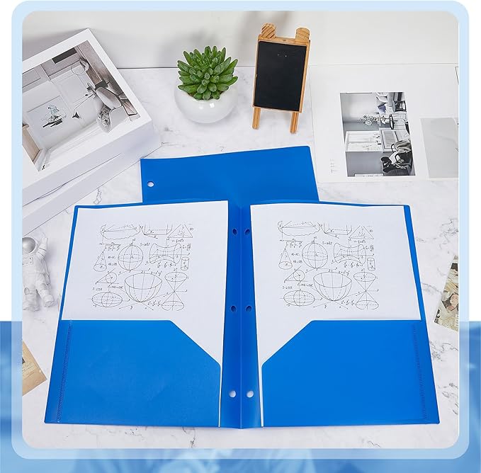 Yeaqee 50 Pcs Plastic Folders with Pockets Bulk 3 Hole Punched 2 Pocket File Folders for 3 Ring Binder Divider Folder for Notebooks, Durable Poly for Office Home (Blue)