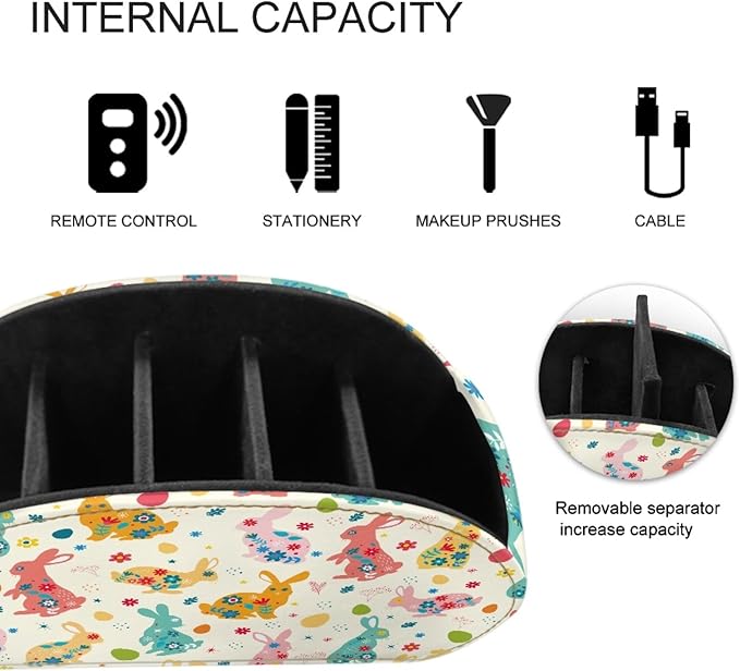 FUSURIRE Remote Control Holder with 5 Compartments, Easter Bunny Print Desktop Caddy Storage Supply Organizers for Remote Controllers,Office Supplies,Makeup Brush,Media Accessories