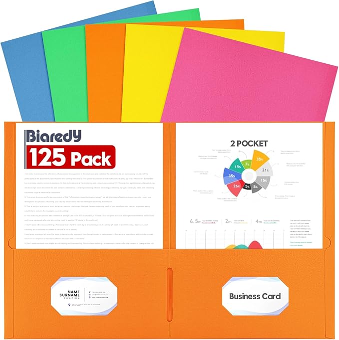 Two Pocket Folders,125 Pack Bulk Letter Size 8.5" x 11" Folders with Business Card Slot, Assorted 5 Colored Thick Paper File Folder for Office/School/Law Firms/Business/Home Use