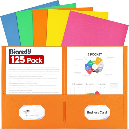 Two Pocket Folders,125 Pack Bulk Letter Size 8.5" x 11" Folders with Business Card Slot, Assorted 5 Colored Thick Paper File Folder for Office/School/Law Firms/Business/Home Use