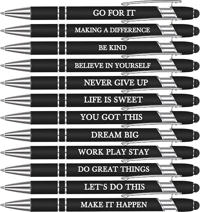 Zonon 12 Pcs Inspirational Pens Gift Set Funny Ballpoint Pen with Stylus Tip Motivational Graduation Gifts Bulk for Teacher Coworkers Nurse School Office Supplies(Black,Motivational Style)