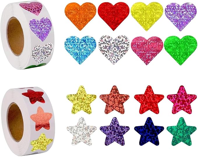 1000 PCS Incentive Stickers, Tekalobr Glitter Star and Heart Stickers, Reward Self Adhesive Stickers for Students Envelope Birthday Party Decoration Wedding School Classroom Teacher Supplies
