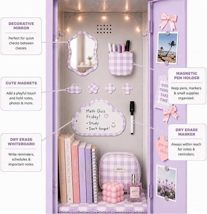 Svartur Magnetic Locker Accessories Set - Locker Mirror, Dry Erase Whiteboard, Magnetic Pen Holder & Cute Magnets, Aesthetic School Locker Decor for Girls, Locker Organizer Kit, Purple