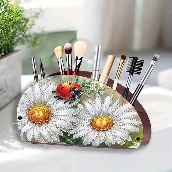 Remote Control Holder with 4 Compartments, DIY Diamond Art Painting Wooden Half Moon TV Control Holder for Remote Controllers, Office Supplies, Makeup Brush, Media Accessories-Daisy