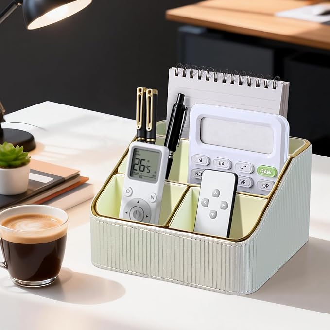 PU Leather Remote Control Holder with 4 Compartments, Small Desk Organizer Office Supply Bedside Caddy, All-in-One Small Bedside Remote Holder Nightstand Desktop Organizer