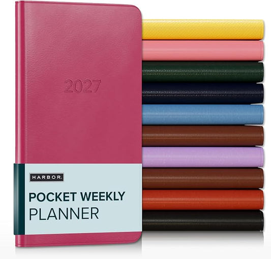 Harbor Pocket Weekly Monthly Planner 2027, Calendar Planner and Notebook, Durable Faux Leather, 192 Pages, Softcover & Book Bound - Cambridge Orchid Flower - 6x3.25"