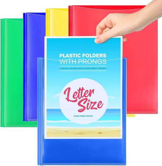 KTRIO 4 Pack 3 Prong Folders, Clear Front Pocket, Letter Size, 4 Colors | Clear Front Pocket, 3 Prong Fasteners, Heavy Duty Poly, Letter Size Fit, 4 Assorted Colors
