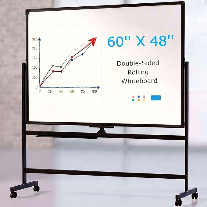 VOWNER Double-Sided Magnetic Whiteboard, 60" x 48" Mobile Dry Erase Board, Reversible Rolling White Board with Aluminum Frame & Stand, for Home Office, Classroom, School, Black