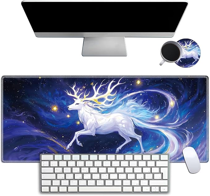 Mouse Pad Gaming Mousepad 31.5x11.8 Inch XXL Large + Coasters,Desk Mat with Stitched Edges, Non-Slip Rubber Base, Thick Mouse Pad for Computer, Laptop, Office & Home - Colorful Deer