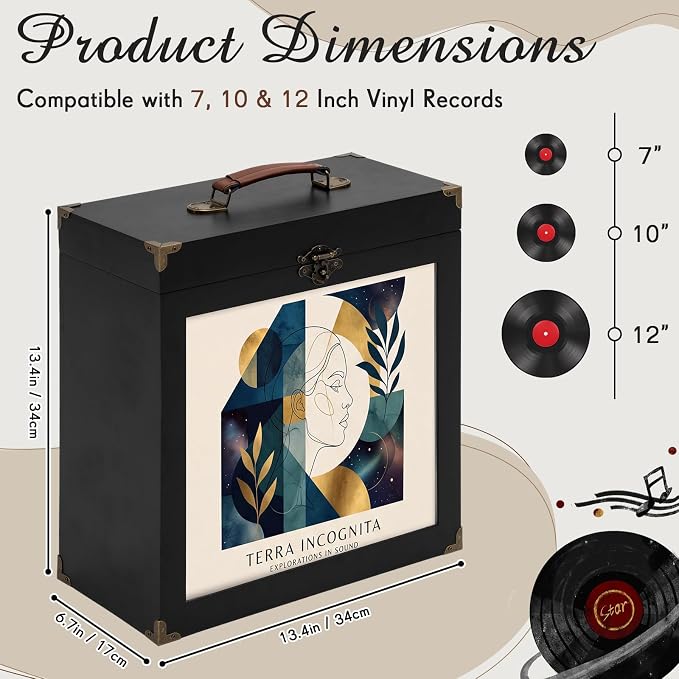 Amyhill Vinyl Record Storage Box with Display Window, Holds 30-35 Single Records 7/10/12 Inch Albums, PU Leather Record Case with Lid & Handle, Water-resistant Lp Storage for Records(Black,Wood)