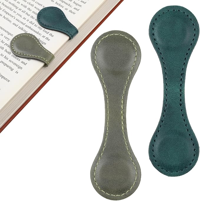 Dimeho 2 Pcs Leather Magnet Bookmark Retro Book Page Holder Vintage Page Marker Clip Handmade Cute Reading Accessories for Women Bookworm Book Lovers Reader Gift(Blue+Green)