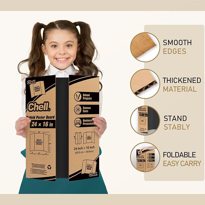 Chell Mini Size Trifold Poster Board, 16" x 24", Small Corrugated Project Boards, Black, 4 Pack