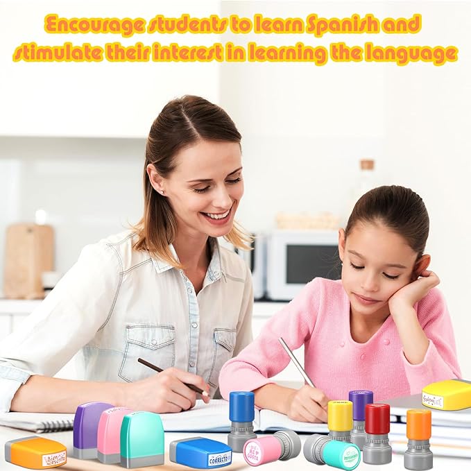 Jetec 16 Pcs Spanish Teacher Self Inking Stamps Teacher Gifts Motivation Grading Stamps for Signature Homework Reward Supplies(Rectangular + Round)