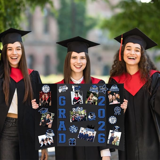4 Set Graduation Photo Display Board, Class of 2026 Black Blue Trifold Poster Board with Grad Pattern Stickers, Graduation Photo Props Collage for Multiple Pictures Party Decorations, 16x24 Inch