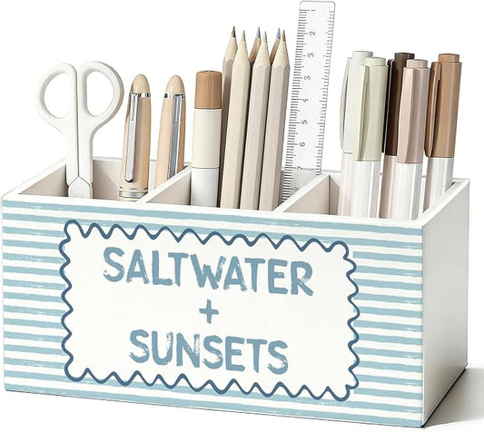 Blue Beach Pen Pencil Holder for Desk, Beach Office Decor, Coastal Ocean Saltwater and Sunsets Beachy Wooden Box Sign Decorations for Home Office Desk Tabletop