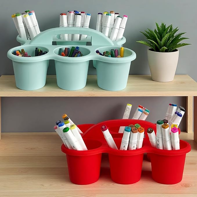 RAUVOLFIA 6 Pack Classroom Caddy Storage Basket with Handle, Plastic Drink Cup Caddy Holder, 6 Compartments for Kids, Table, Office, Arts, Crafts, Crayon, Marker, Pencil, School Supplies (Boho)