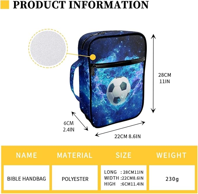 Coldinair Galaxy Soccer Love Print Bible Cover Case with Zip Pockets and Handle,Portable Church Bag Bible Study Tote Book Cover for Men Teens Kids