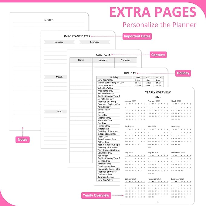 Comkiso Undated Weekly and Monthly Planner with Adhesive Tabs, A5 Dateless Academic Planner for Women & Men Daily Planning, Hardcover Leather All In One Planner for Home School Work Organizer (Pink)
