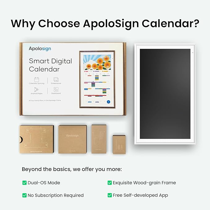 Apolosign 27-inch Digital Calendar : Dual Mode Smart Wall Planner, No Subscription, Install Apps, Sync Calendars, Electronic Touchscreen Interactive Display for Family Schedules, Chore Chart - with Stand (White)