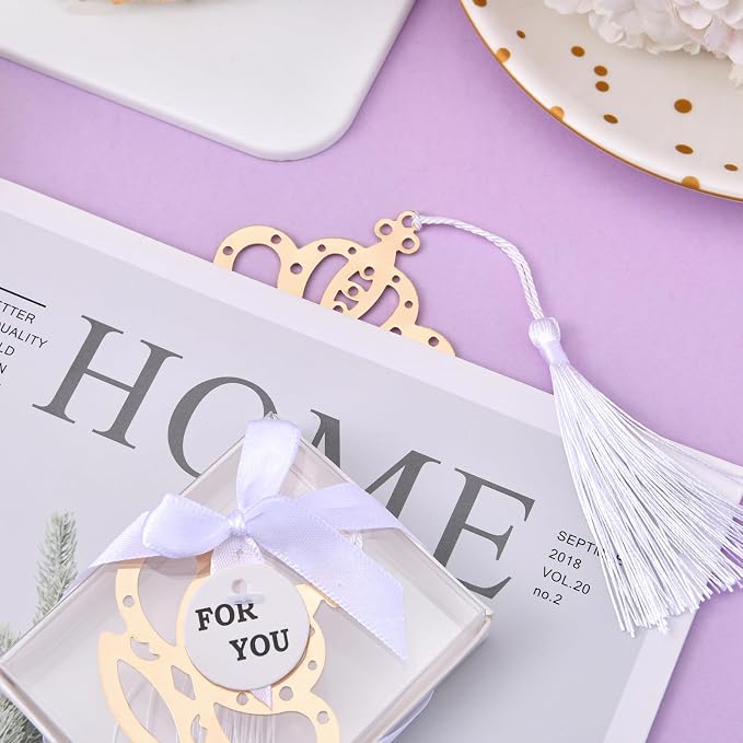 60Pcs Metal Crown Bookmark Set with Elegant Silk Tassel, Baby Shower Gold Crown Design Bookmark with Gift Box, for Girls Wedding Gifts Bridal Shower Party Favors Decorations Guests Souvenirs