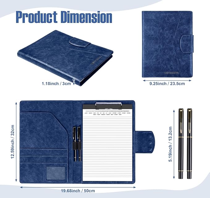DIN A4 PU Leather Portfolio Folder Binder, Legal Pad Holder for A4 Letter Size Notepad, Magnetic Closure Business Clipboard with Cover Professional with 2 Pen for Men Women, Dark Blue